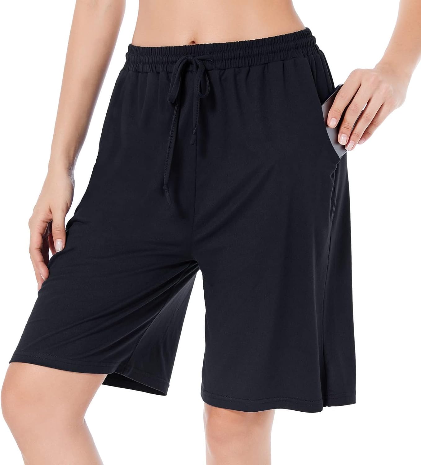 CULAYII Women’s High Waisted Basketball Shorts Long Bermuda Gym Yoga Shorts with Pockets Athletic Knee Length Running Shorts
