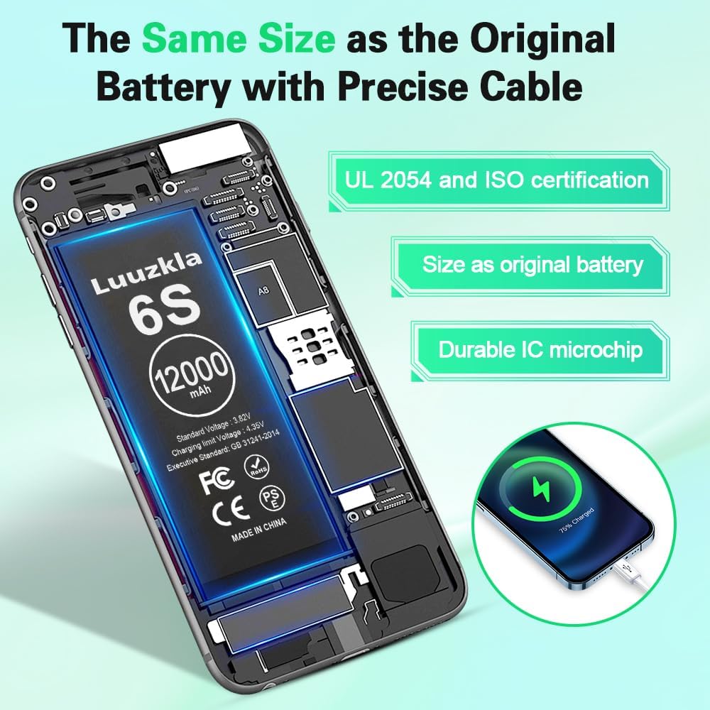 Luuzkla 12000mAh (2025 New Upgrade) Battery Compatible with iPhone 6S, Super Capacity Battery Compatible with iPhone 6S, + Full Tool Kits-0 Cycle High Capacity-24 Months Service - Image 5