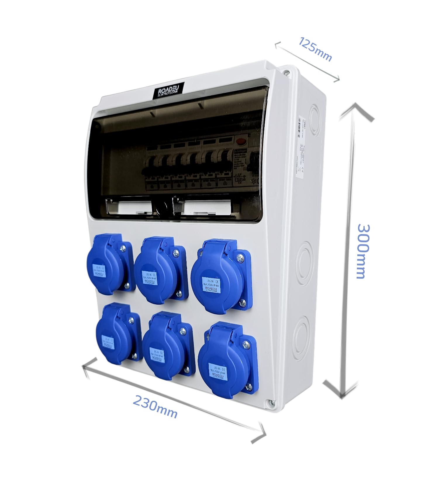 RoadEu Cuadro eléctrico 230V IP44 con diferencial y 6 tomas Schuko | Diferencial TÜV, 6 magnetotérmicos C16A VDE, cableado 2,5 mm², N+PE, PG16