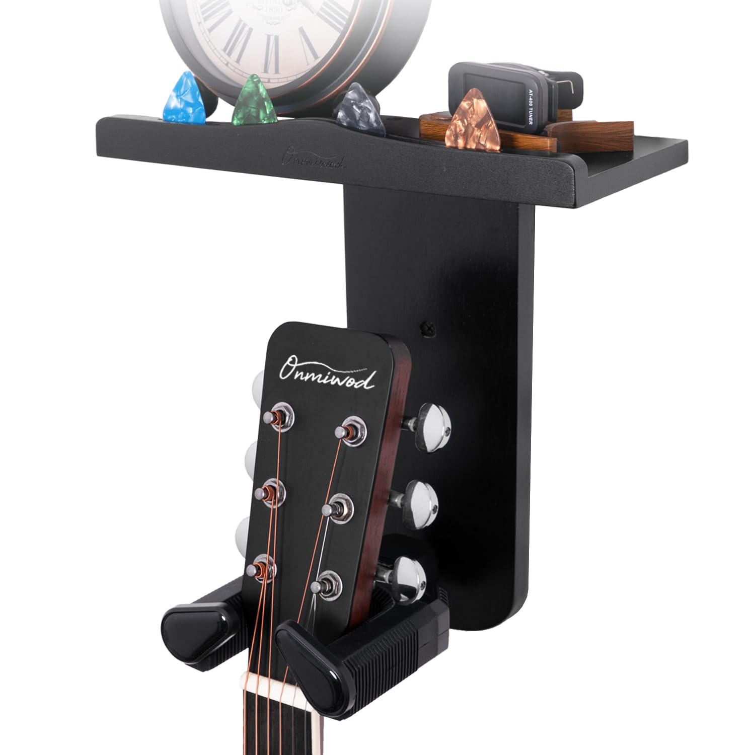 Guitar Wall Mount, Auto Lock Guitar Hanger, Black Wood Guitar Wall Hangers Shelf with Pick Holder, Guitar Holder Wall Mount for Acoustic, Electric Guitar, Ukulele, Bass, Mandolin