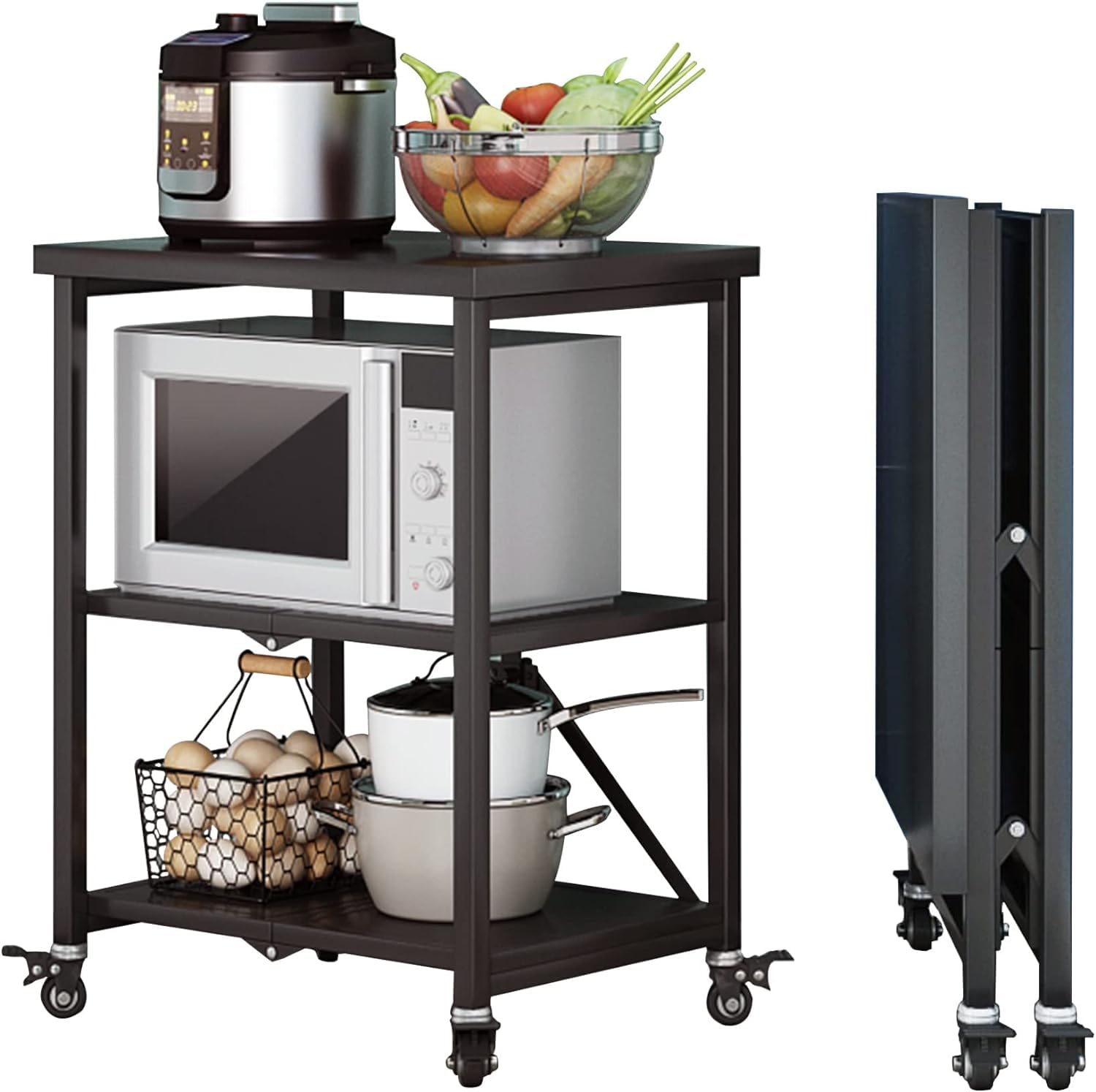 RollingCart pieghevole – Carrello multiuso in acciaio inox con ruote di bloccaggio e ampia rabbia per sala da pranzo e preparazione del cibo – Cucina mobile