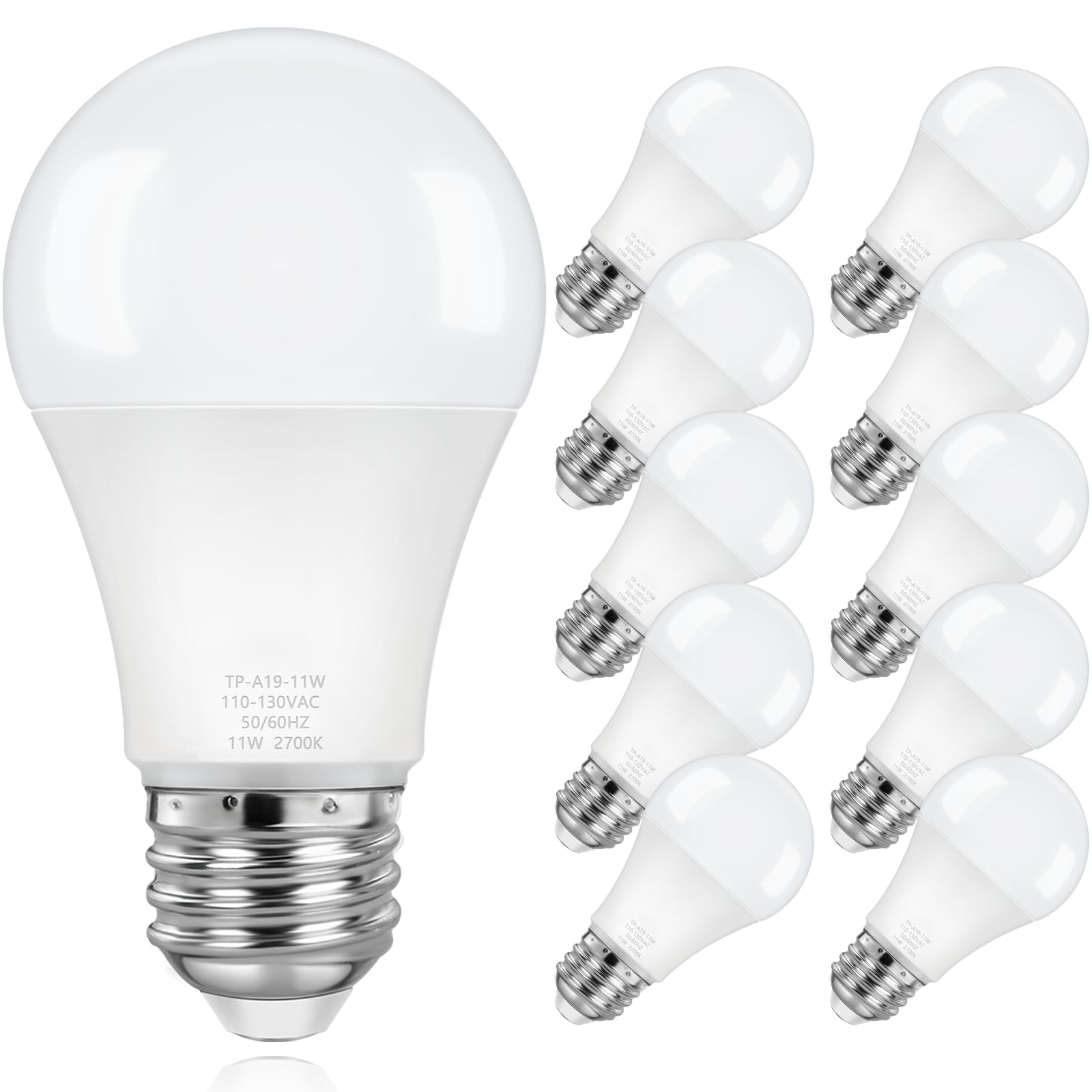 10-Pack A19 LED Light Bulbs,100 Watt Equivalent LED Bulb,2700K Warm White 1100Lumen Light Bulbs 11W,Non-Dimmable Frosted Lighting E26 Base,CRI 85+,25000+ Hours Lifespan,No Flicker (TP-A19-11W)