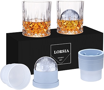 LORSIA Whiskey Glass Set with Ice Ball Molds