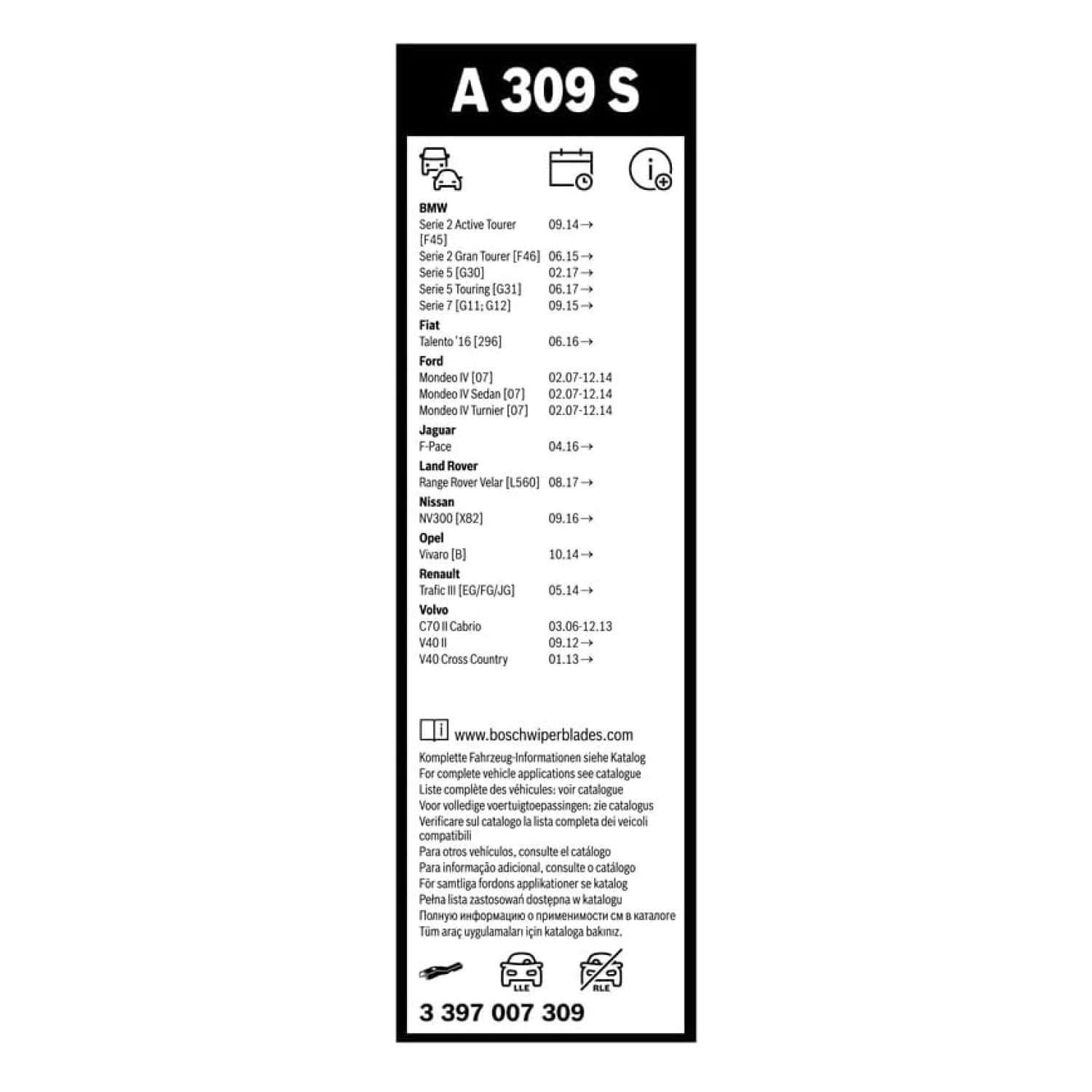 Bosch Aerotwin Aerotwin A309S Tergicristalli Anteriori, Set di 2 Tergicristalli di Ricambio, con Adattatore Preassemblato, 650 mm / 475 mm