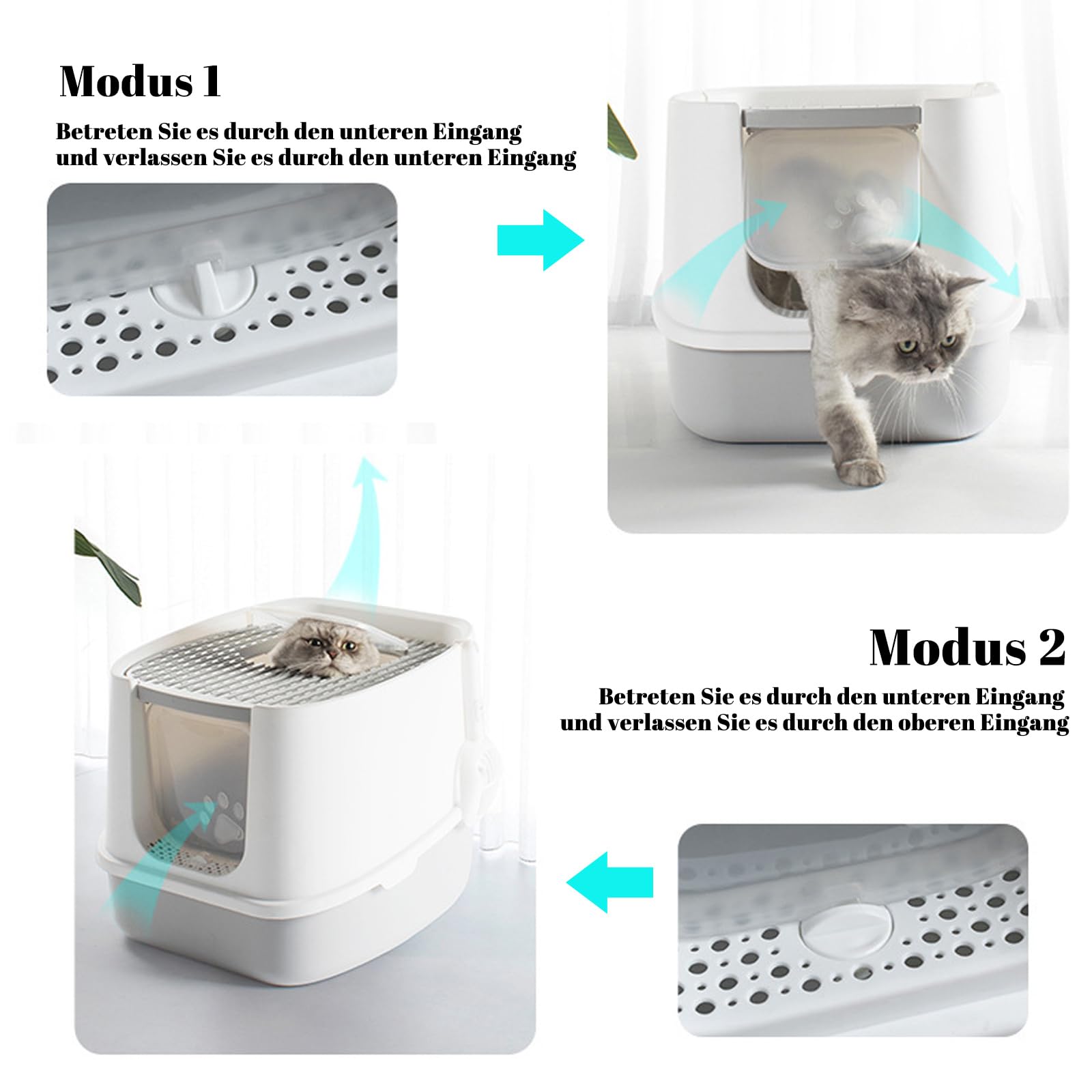 CALIYO Katzenklo mit Deckel - Anti-Geruch Katzenklo Geschlossen mit Hoher Rand, Katzentoilette mit Sieb & Matte für Große Katzen bis 7.5kg, Cat Litter Box (Grau-Weiß, 51×45×40 cm)