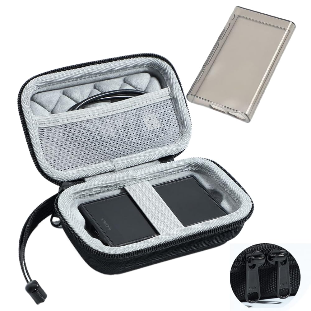 Hard Protective Shell Carrying Case Storage Box Bag and Soft TPU Case Cover for Sony Walkman NW-A306 NW-A307 NW-A300 Series Player Accessories (Storage Box and Clear Black case)