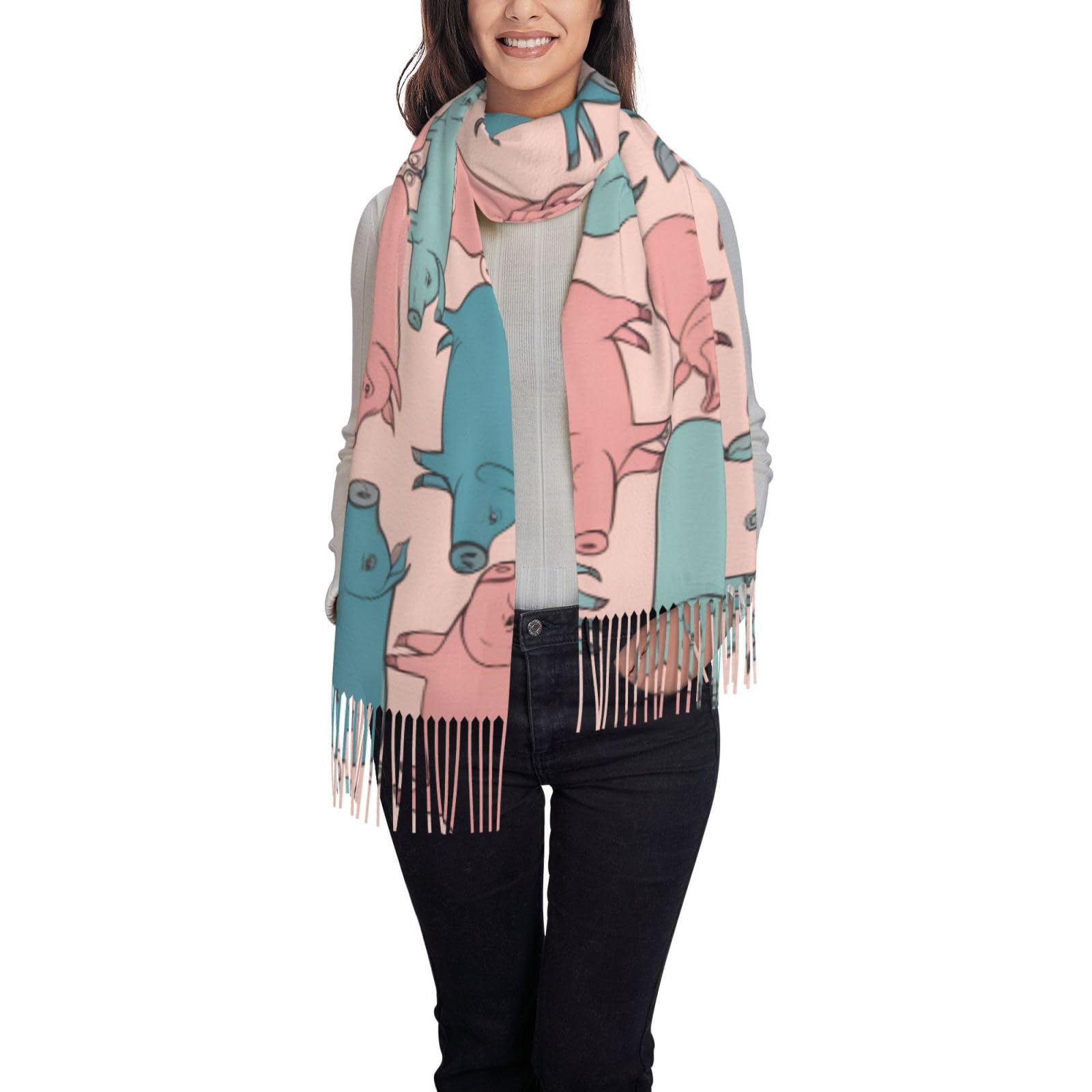 DUWAA Cute Pigs Pattern Print Scarf For Women Lightweight Soft Scarves Fall Winter Fashion Shawl Wrap With Fringe