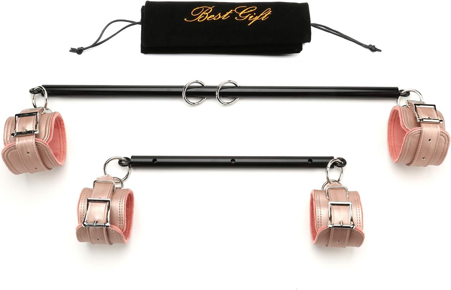 Adjustable Pilates Spreader Bar Set with 4 Adjustable Fur Black Straps Sports Aid Training Fitness Gear Home Indoor Gyms (Black+Pink Kit)