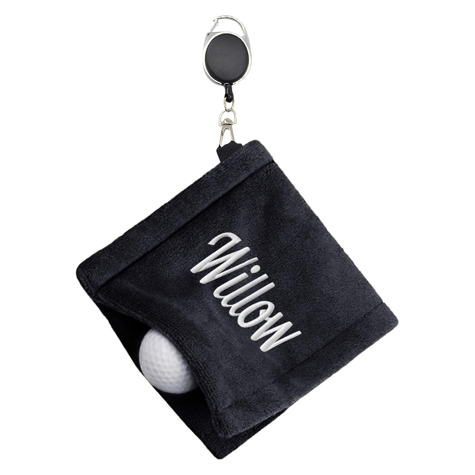 Personalized Golf Towel with Retractable Clip - Custom Embroidered Name, Ultra-Absorbent, Waterproof Wet/Dry Tech Small Golf Ball &amp; Club Cleaner for Men, Women, Ideal Golf Gift (Black)