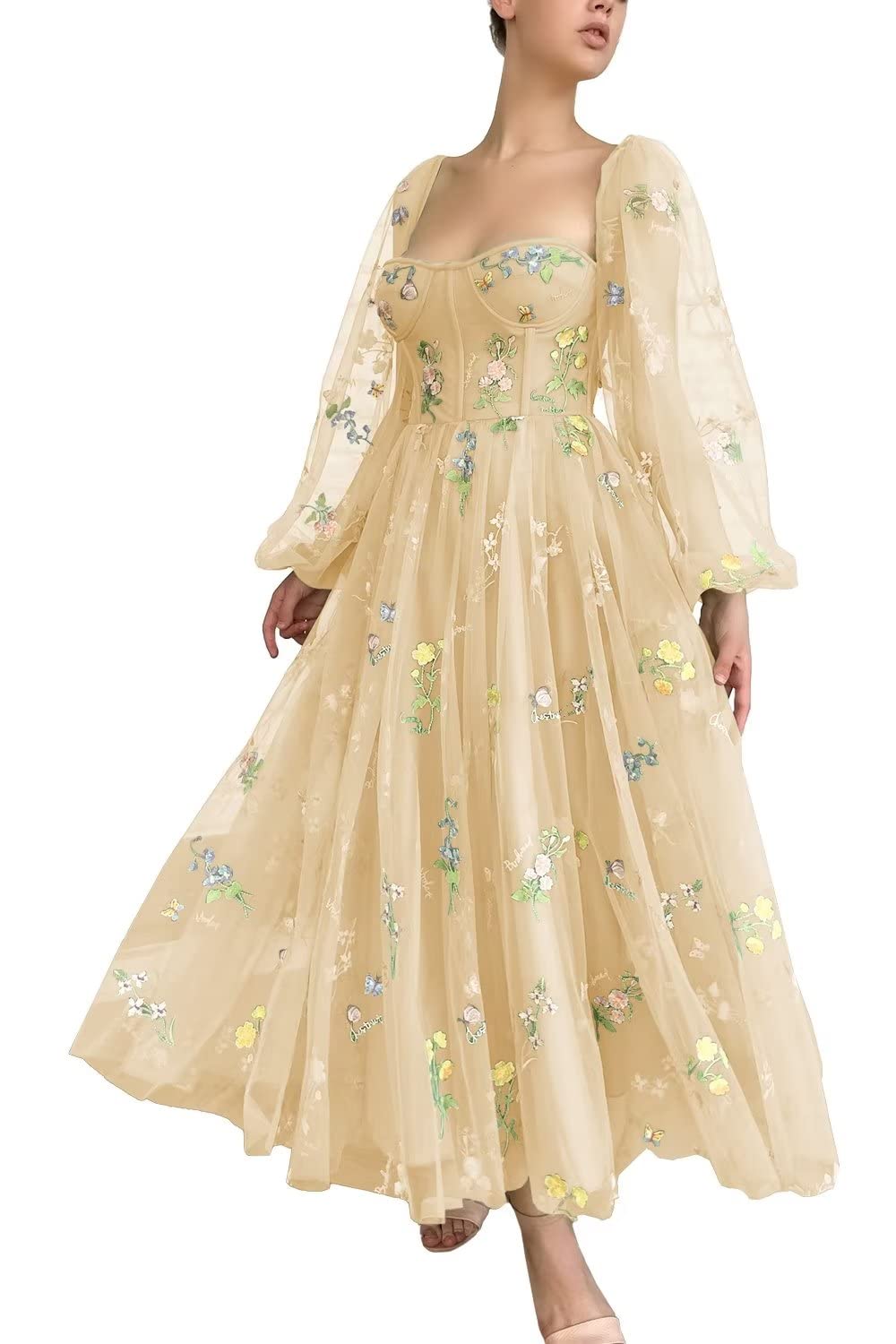 UZN Long Puffy Sleeves Prom Dresses Tea Length Flower Embroidery Tulle Sweetheart Formal Party Evening Gowns