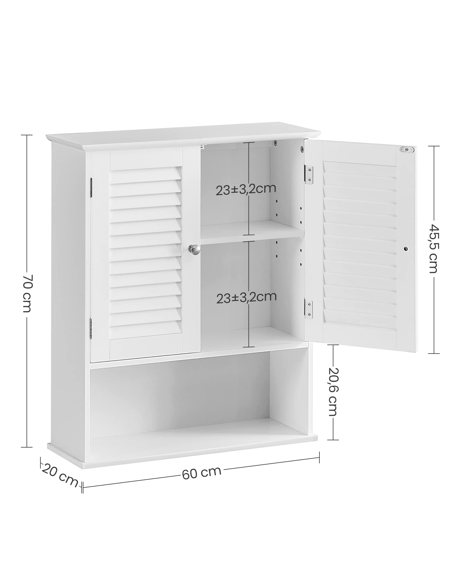VASAGLE Armadietto da Muro, Mobiletto per Bagno da Parete, Mobile da Bagno con Ripiano Regolabile, 2 Ante a Persiana e Scomparto Aperto, 20 x 60 x 70 cm, Bianco BBC27WT