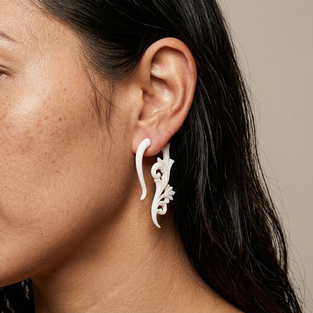 81stgeneration Rococo Scroll Fake Ear Tapers for Women - White Carved Bone Jewelry - Floral Vine Carving - Men's Fake Stretcher Earrings - Fake Tribal Gauges - Bone Earrings Halloween