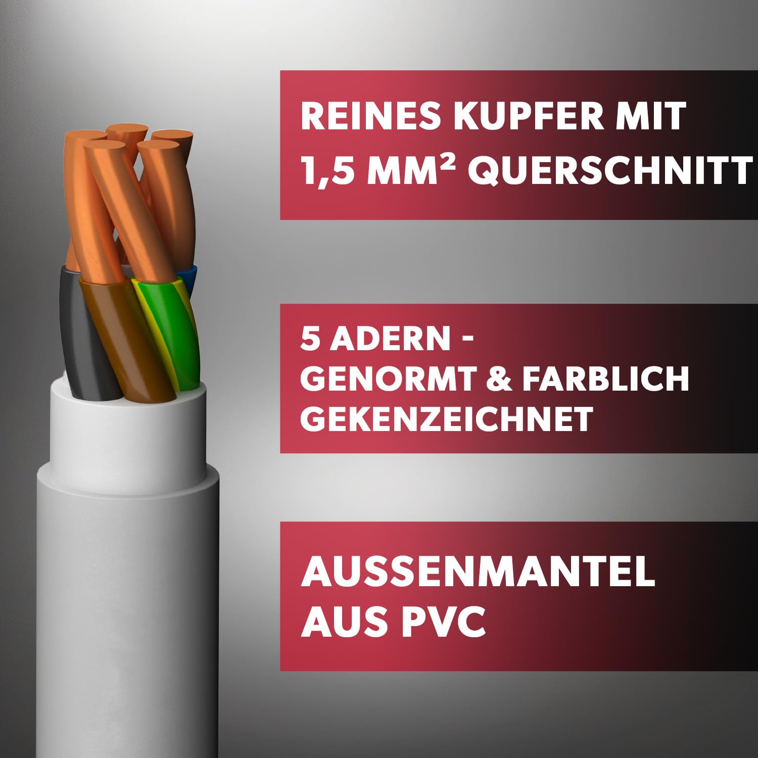 siwitec NYM-Kabel, NYM-J 5x1,5 mm², 50 m, Stromkabel, Mantelleitung, Installationskabel, Kabelring