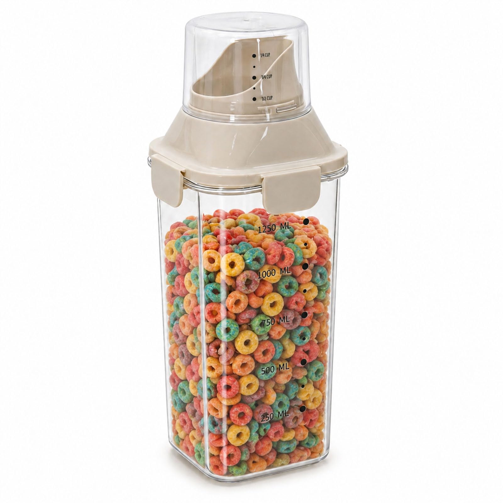 Raoletin Cereal Storage Containers 1500ml Cereal Dispenser with Measuring Cup Lid, Clear Plastic Cereals Container with Pour Spout, Airtight Food Containers for Rice, Pasta, Pet Food and Dry Goods