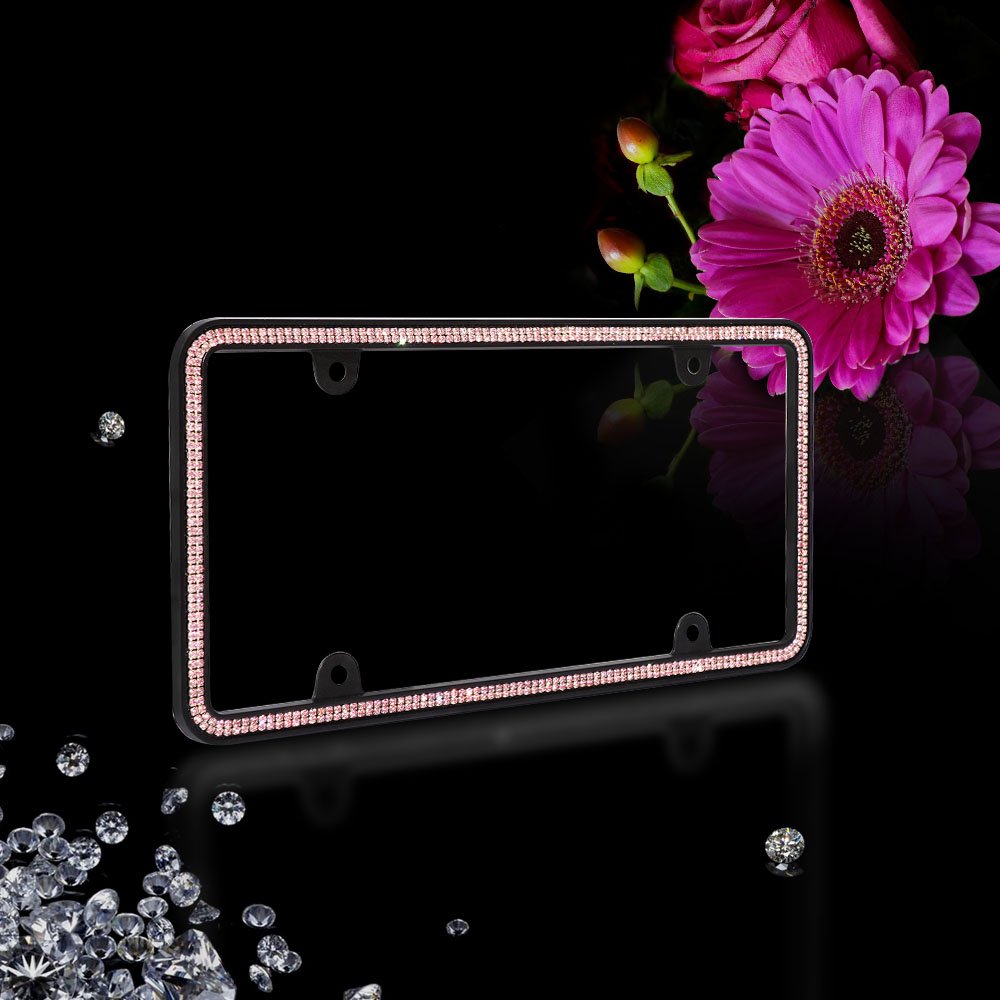 JR2 500 Super Bling Pink Glass Crystals Black Metal License Plate Frame+Free Caps (Pink)