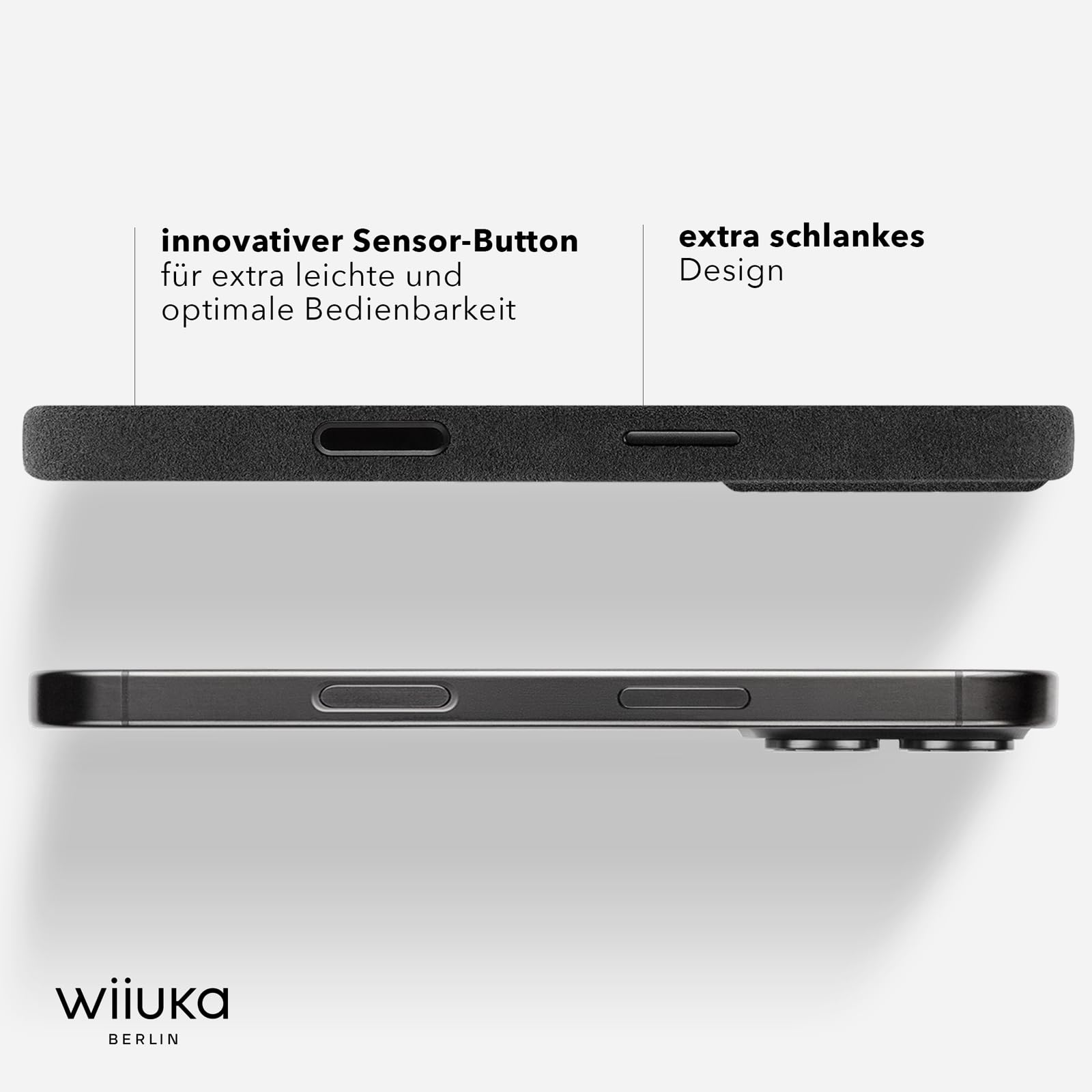 WIIUKA Etui do iPhone 17, oryginalne Alcantara®, ręcznie wykonane, bardzo cienkie, premium etui na telefon komórkowy, Case, Qi, alternatywa dla skóry, skiin Alcantara, czarne
