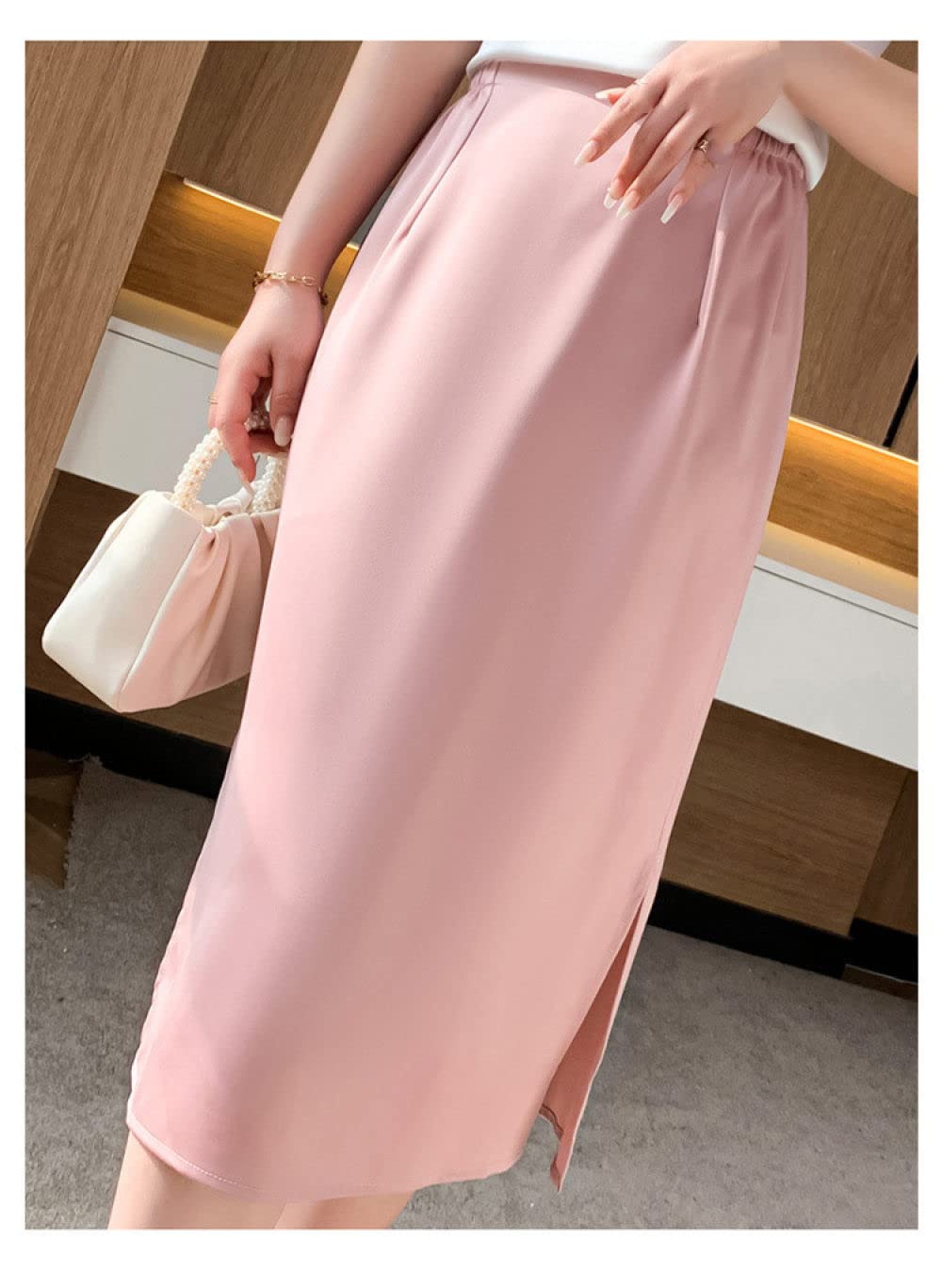 OZEO Röcke Für Damen,Sommer-Satin-Midi-Röcke Für Frauen, Elastische Taille, Rosa Seitenschlitz, Gerader Rock, Hüftumwickelt, A-Linie, Gerafft, Elegantes Büro, Lange Röcke Für Mädchen, Damen,S