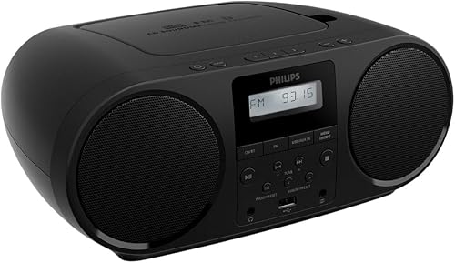 Philips Reproductor de CD portátil Boombox con Bluetooth, radio FM, altavoces Dynamic Bass Boost, entrada USB/auriculares/auxiliar, reproductor de