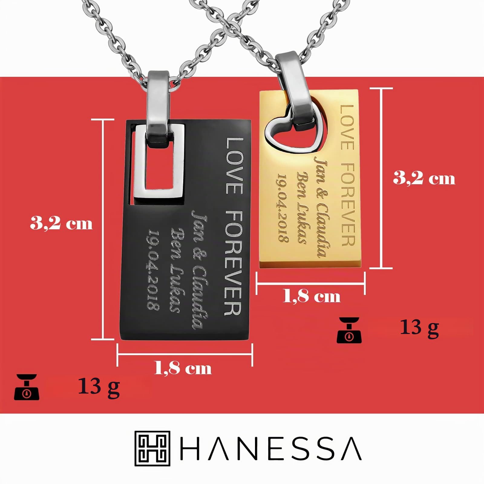 2 Stück Personalisierte Kette mit Gravur Edelstahl 50 cm mit Anhänger "LOVE FOREVER" Rechteck in silber schwarz gold - Personalisierte Geschenke für Damen Herren Freundin Freund