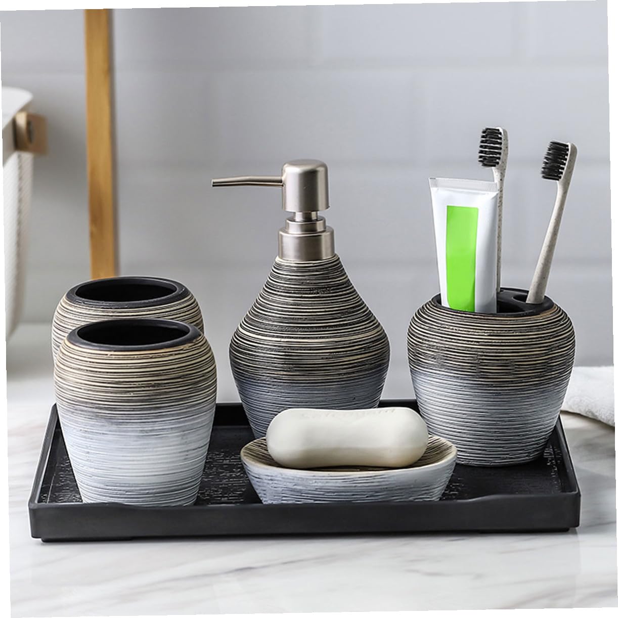 5 Pezzi Porta Spazzolino da Denti e Porta Sapone in Ceramica Leggero per Bagno e Viaggio, Set Accessori Bagno Funzionale e Compatto