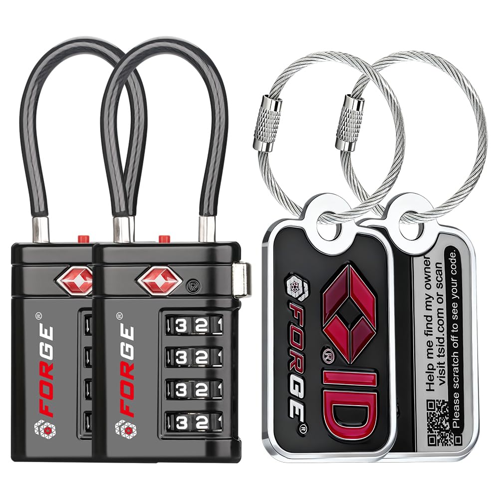 Forge Open Alert TSA Approved Luggage Locks 4 Digit Combination TSA Travel Locks with TSA008, Zinc Alloy Body for Luggage, Suitcase, Backpack, and More. 2 Black Locks and 2 TSID.