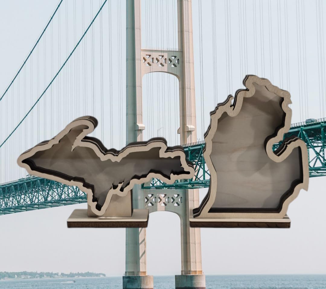 Generic Michigan Mini Shadow Box Upper and Lower Peninsula for Your Tiny Lake Superior agates, Petoskey, Beach Glass etc., Maple