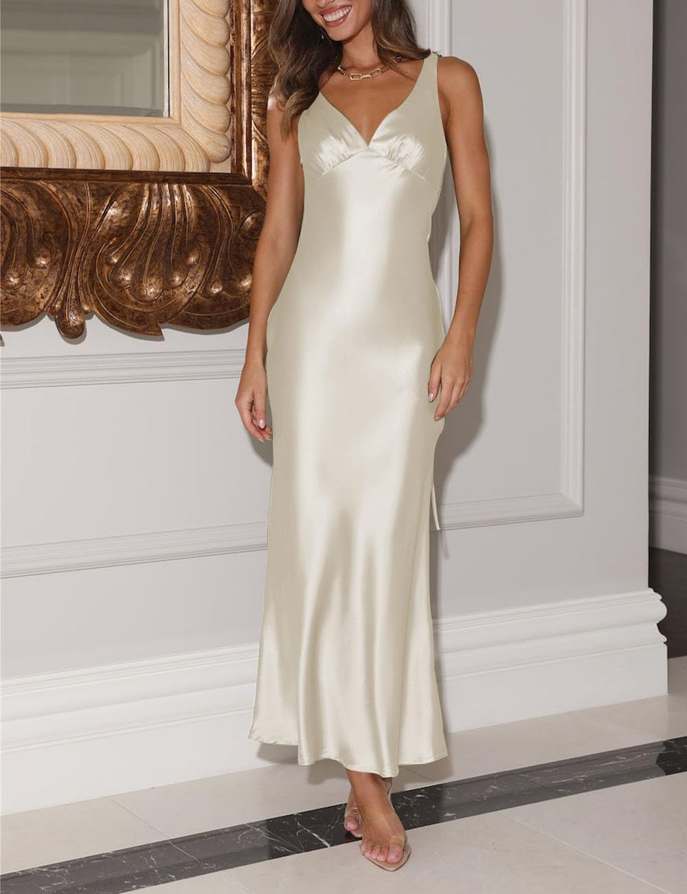 Womens Elegant Satin V Neck Backless Sleeveless Maxi Dress Silk Tie Low Back Formal Cocktail Dresses Wedding Guest - Image 4