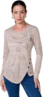 Koroshi Camiseta de Mujer Color Navy en Tejido flamé Melange, con bajo asimétrico, Botones Decorativos y Bordado Brillante.