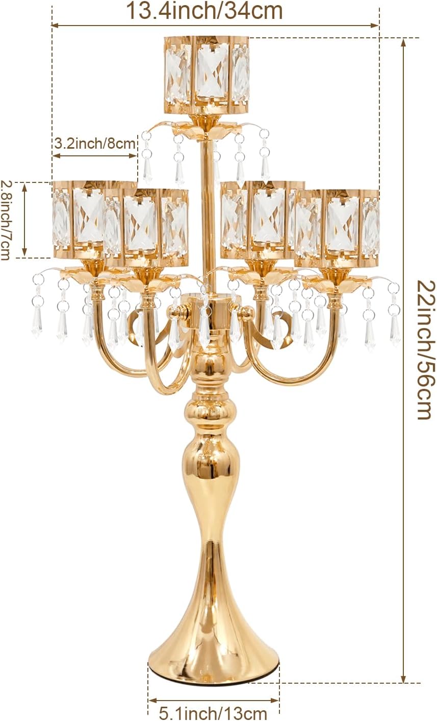 Gold Candelabra Centerpieces for Tables, 2Pcs 22in Tall Candlestick Holder for Taper Candles, 5 Arm Metal Crystal Candelabra for Wedding Centerpiece Decor Party Event Reception Decoration
