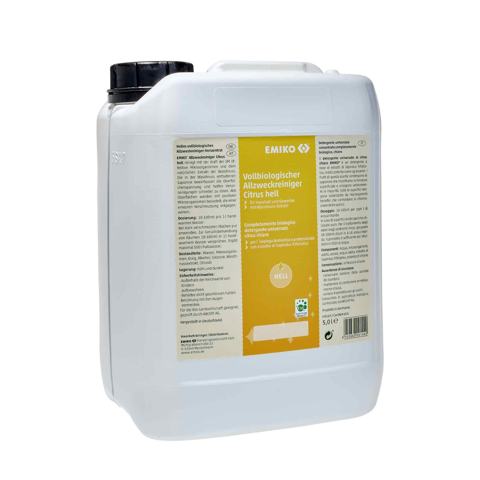 Emiko Allzweckreiniger Citrus hell 5L Vollbiologisch mit Effektive Mikroorganismen und Waschnuss für Küche, Bad, Wohnraum, Böden