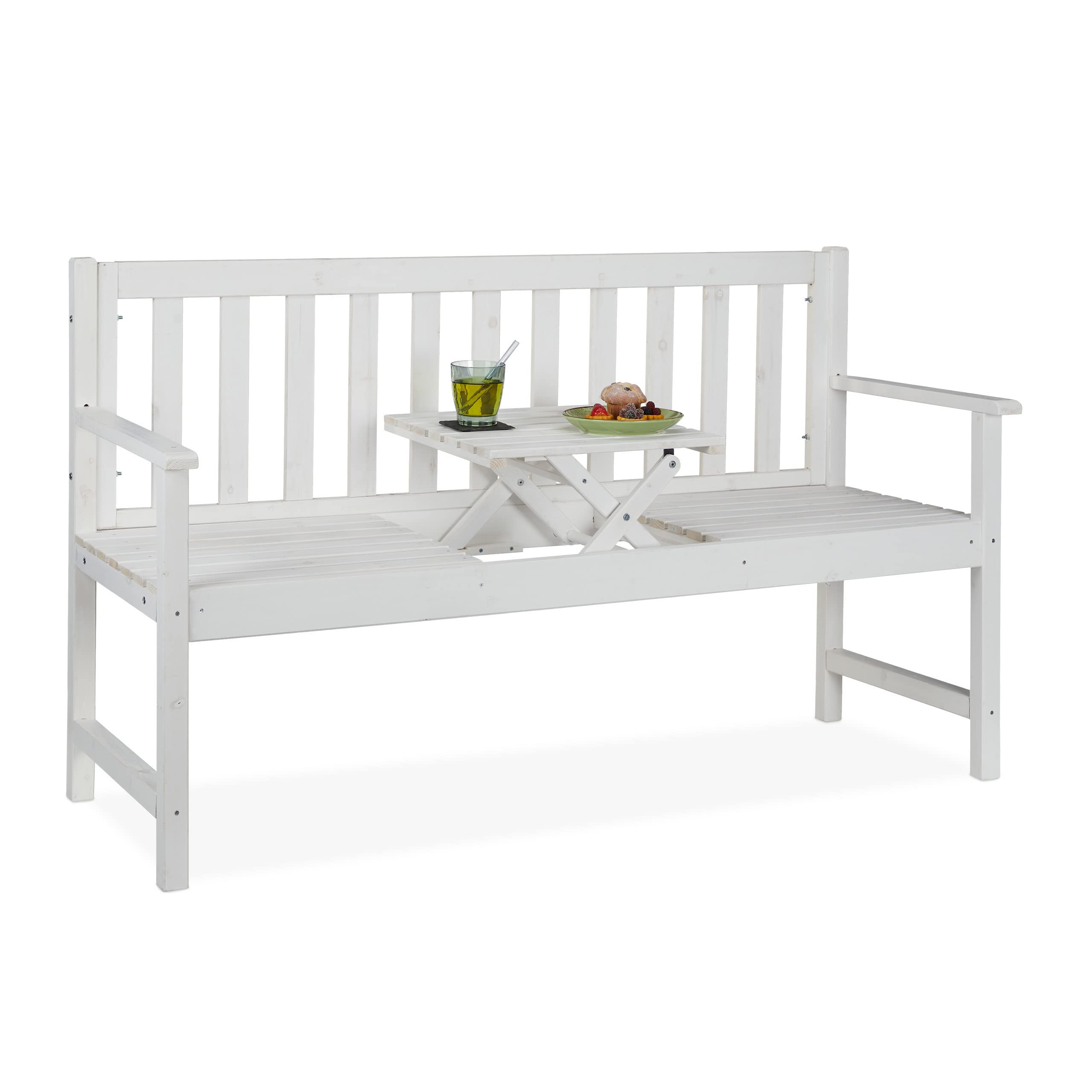 Relaxdays Gartenbank mit integriertem Tisch, 3 Sitzer, robuste Holz Sitzbank, Garten & Balkon, HBT: 90x152x56 cm, weiß