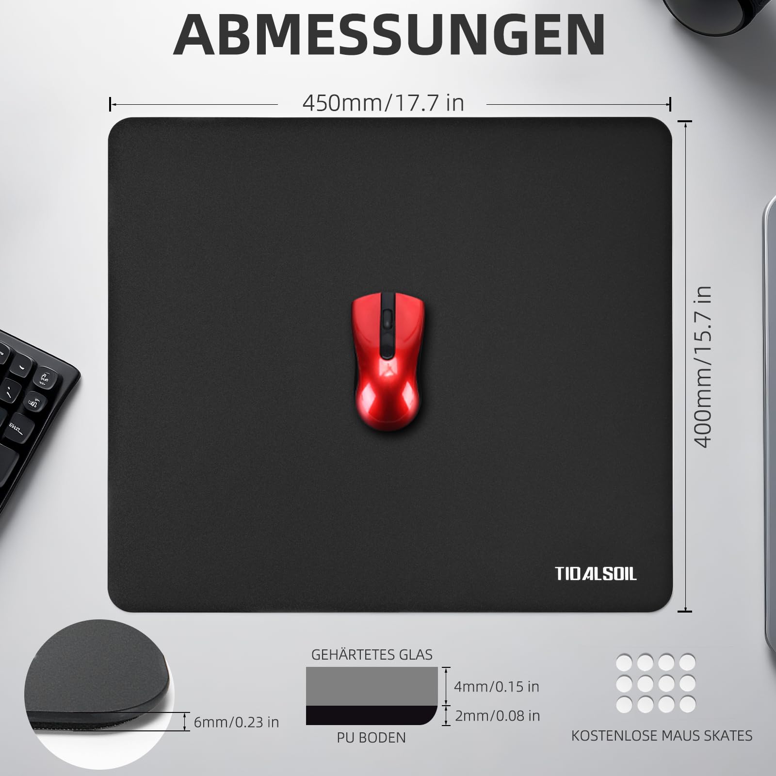 TIDALSOIL Glas Mauspad Gaming, Gehärtetes Glas Mousepad mit Mikrogeätzter Oberfläche, Ultra Smooth & Geräuscharm, Rutschfestes Hard Mouse Pad für FPS & MOBA, Schwarz 45 x 40 cm