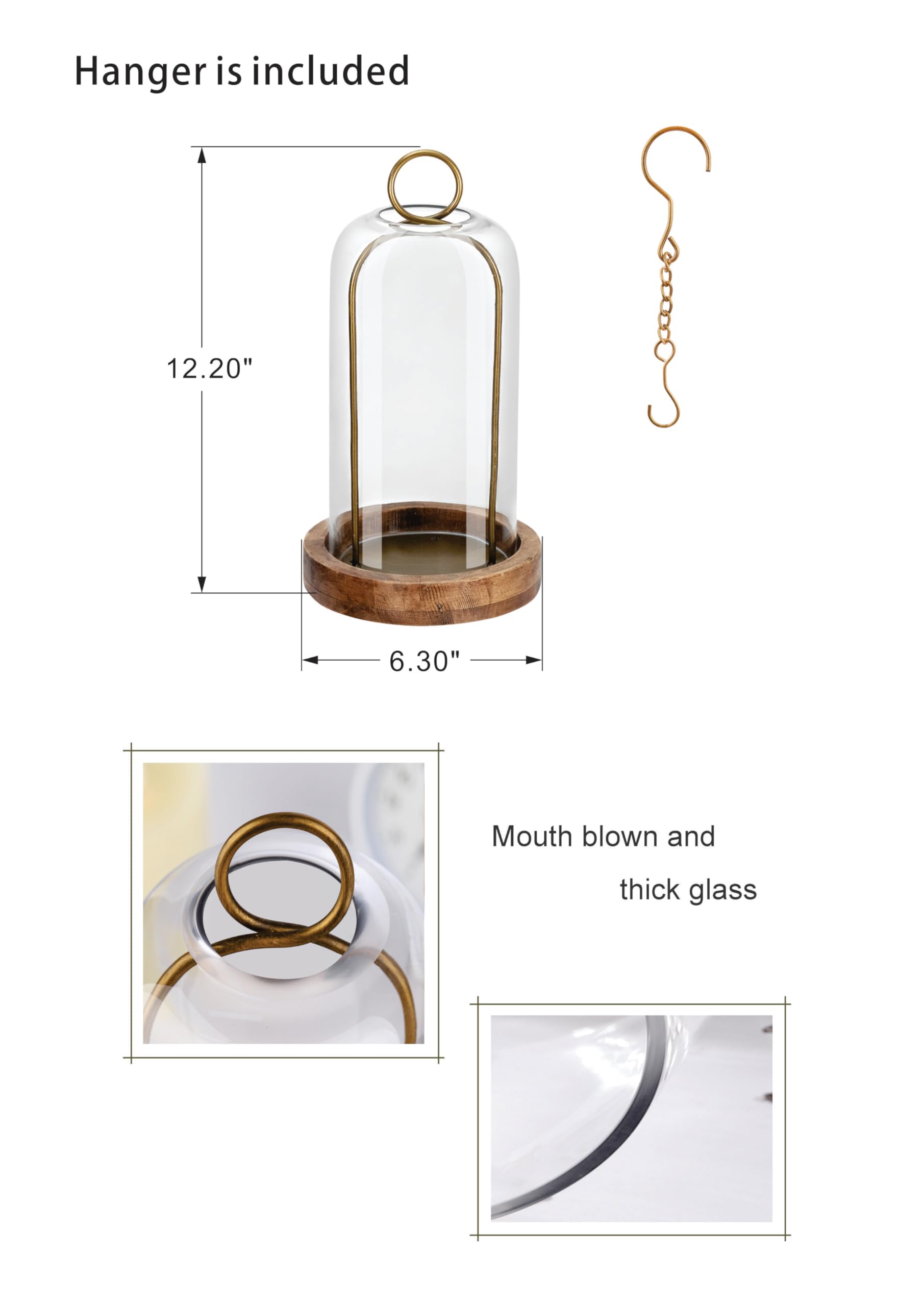 Portavelas de metal de latón vintage versátil de 12 pulgadas de alto con cúpula de vidrio resistente hecha a mano y base de madera natural para velas y plantas, industrial, granja, shabby chic