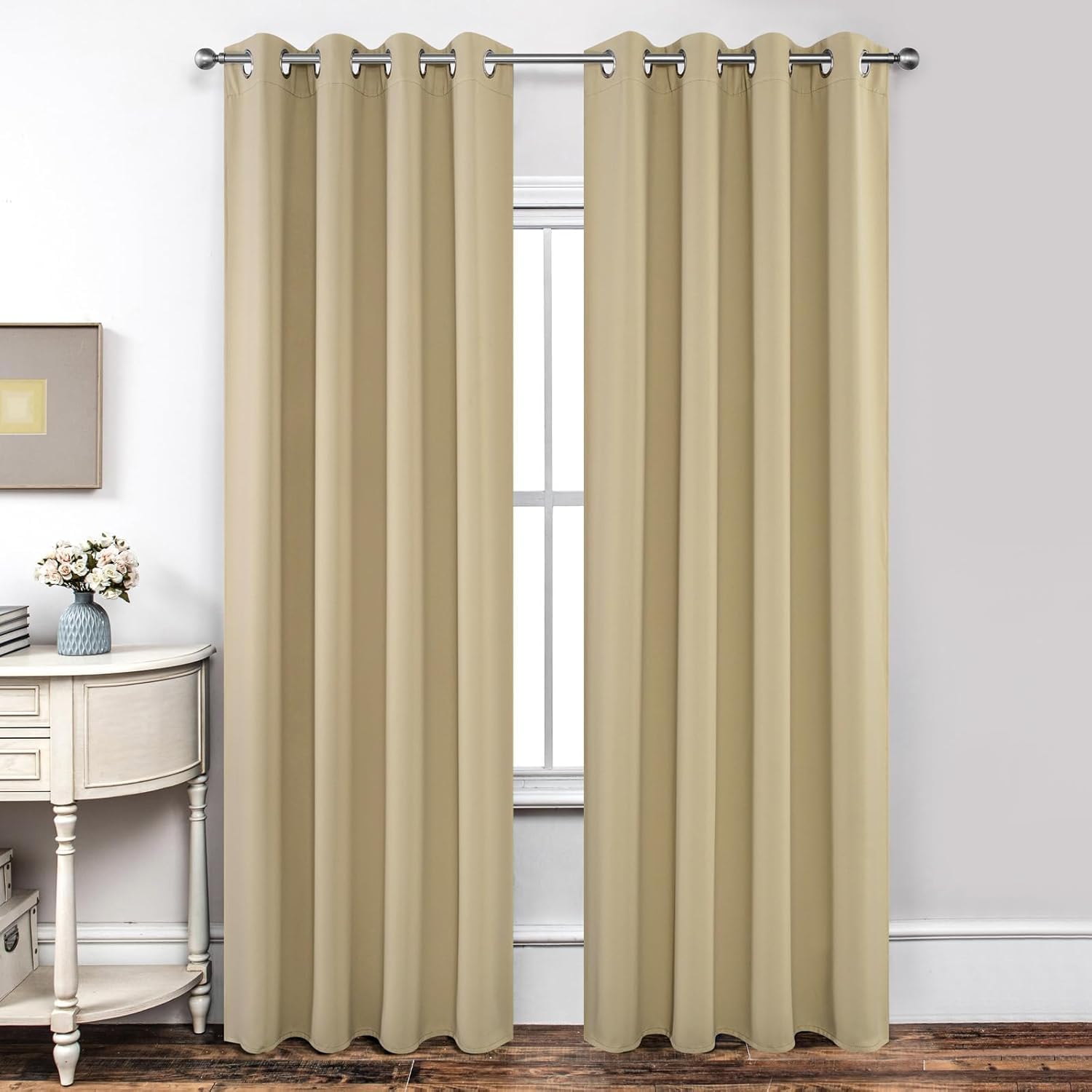Joydeco Blackout Curtains for Bedroom 55 x 96 Inch, Eyelet Thermal Insulated Energy-saving Drapes for Room Darkening Light Filtering, Long Window Treatments 96 Inch Drop, 2 Panels - Beige