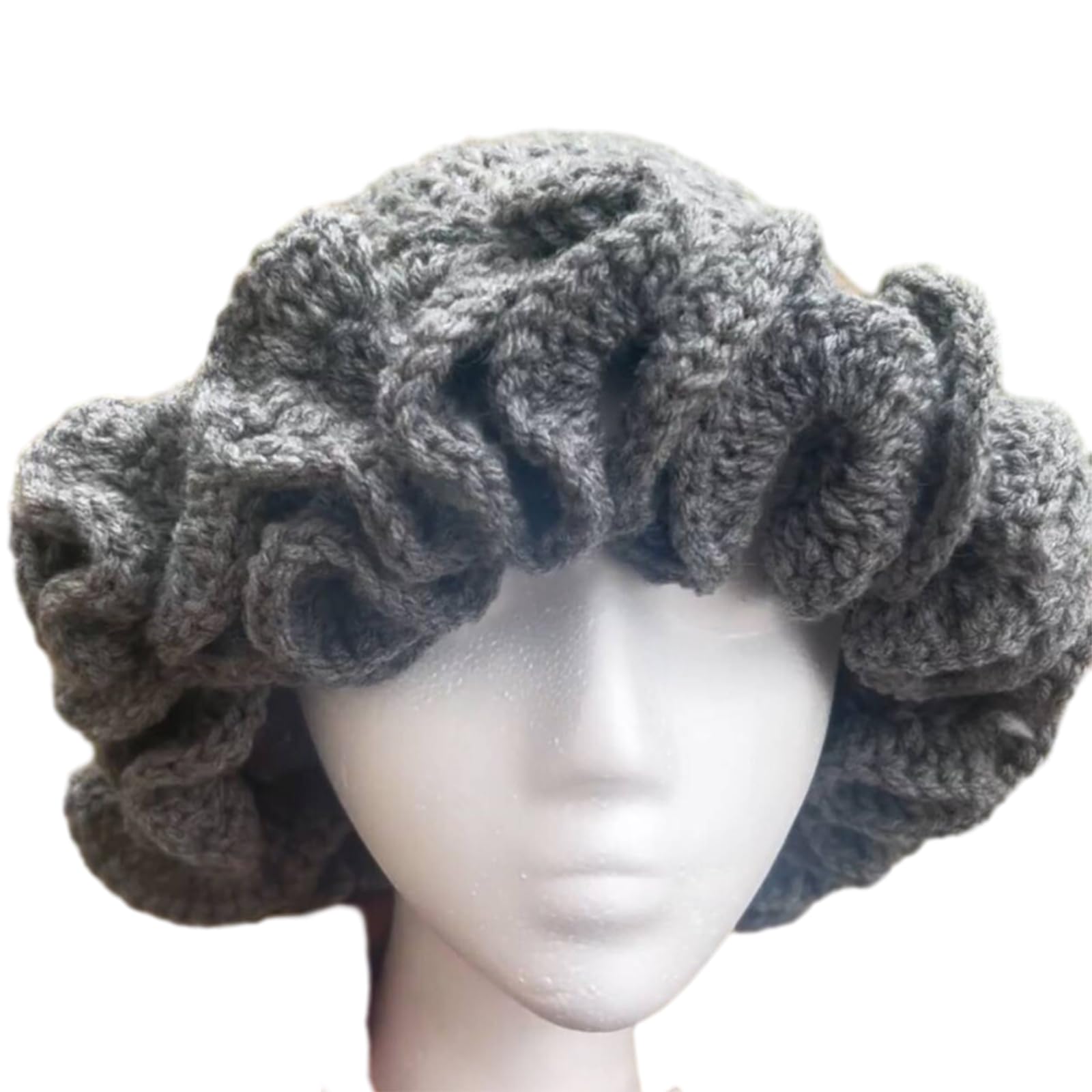 Handmade Crochet Bucket Hat for Woman Teen Outdoor Commute Fisherman Hat Ruffled Brim Winter Windproof Carnival Hat, Approx. 56-58cm/ 22.05-23.23in, Dark Grey