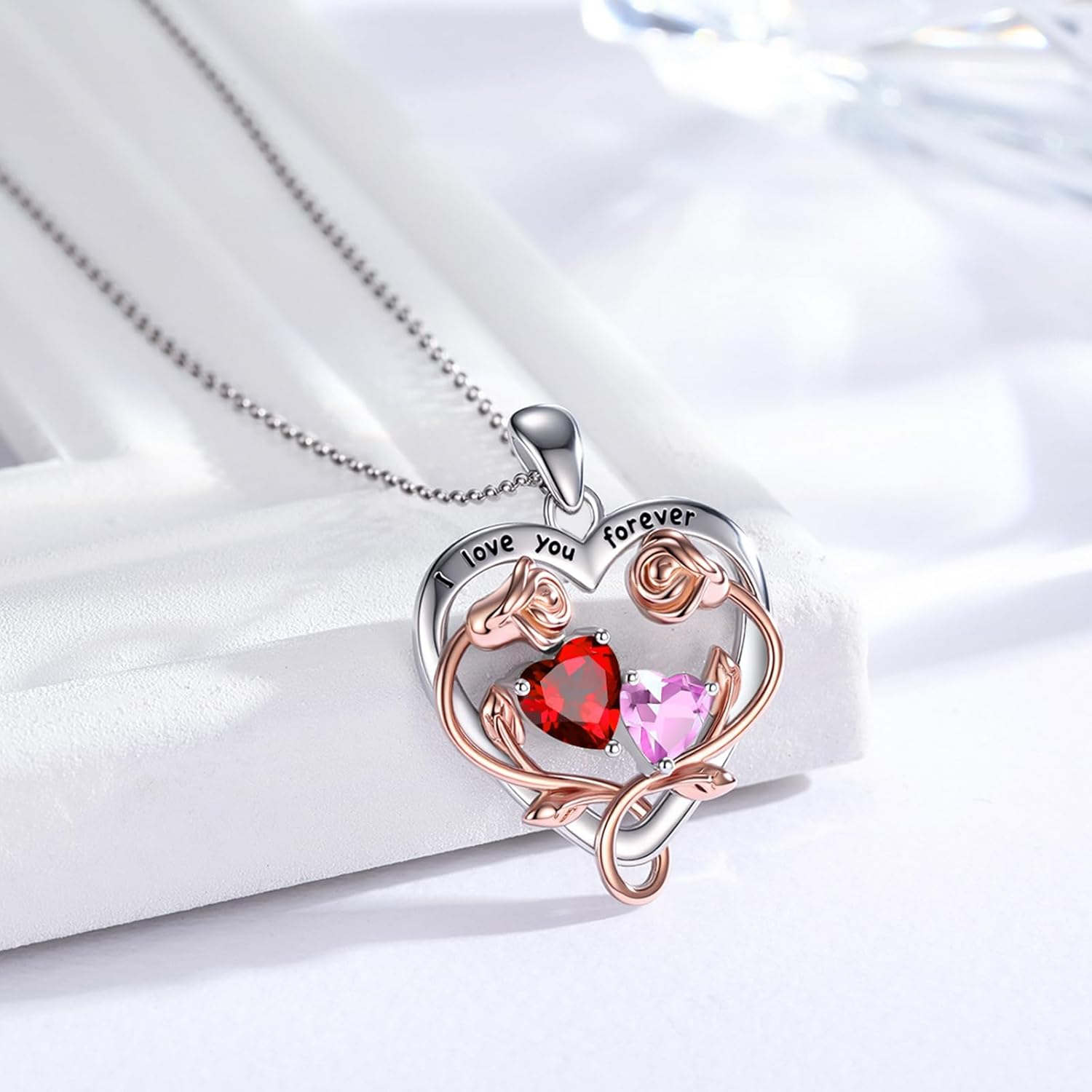 Birthstone Necklace for Women Mom, Heart Pendant Necklace, Mothers Family Birth Stone Jewelry, Birthday Rose Flower Necklace for Mom, Anniversary Birthday Gift for Wife and Her - Image 2