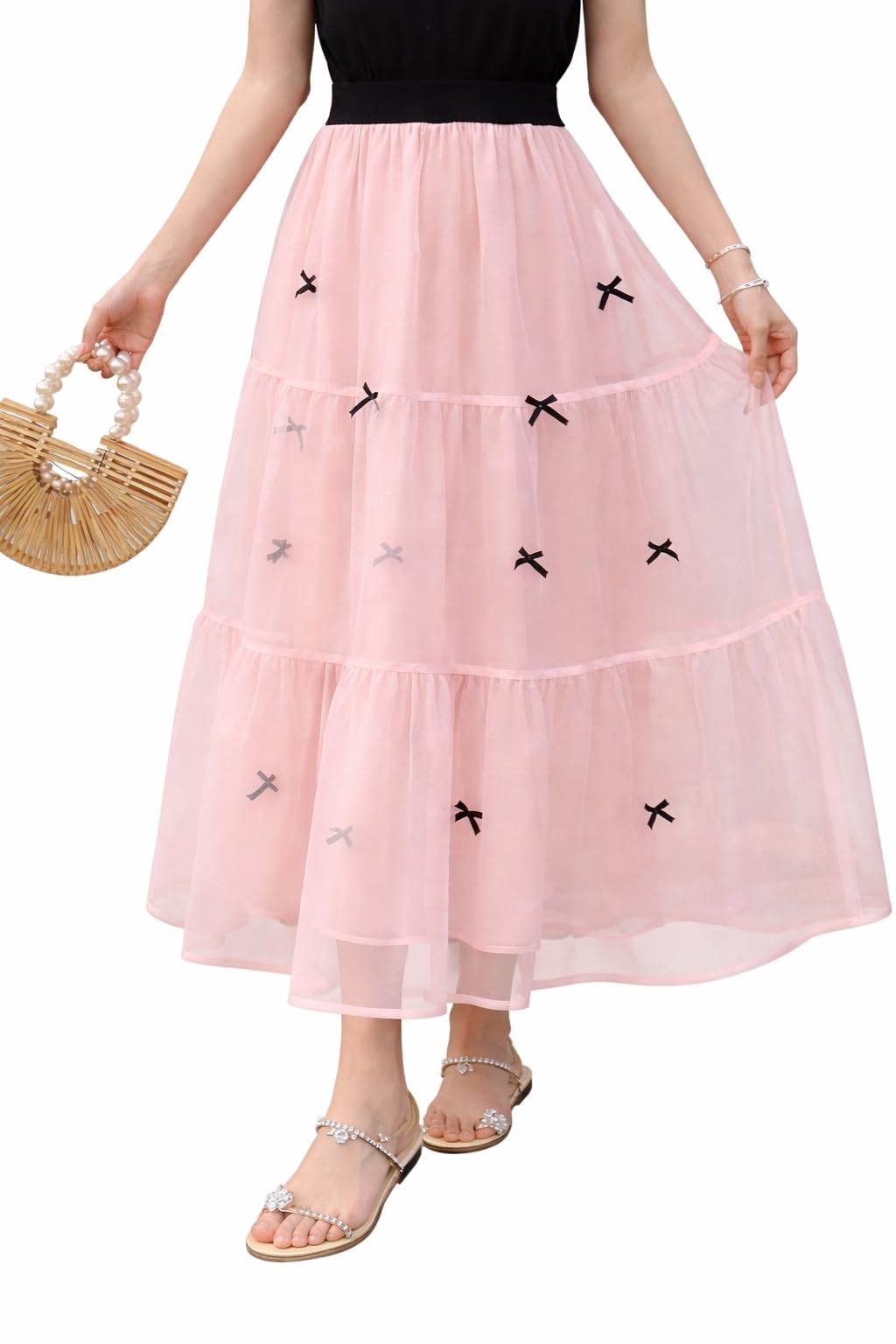 Women's Tulle Tiered Maxi Skirt, Cream with Black Bow Embellishments, Elastic Waist, Flowy A-Line Style-image-7