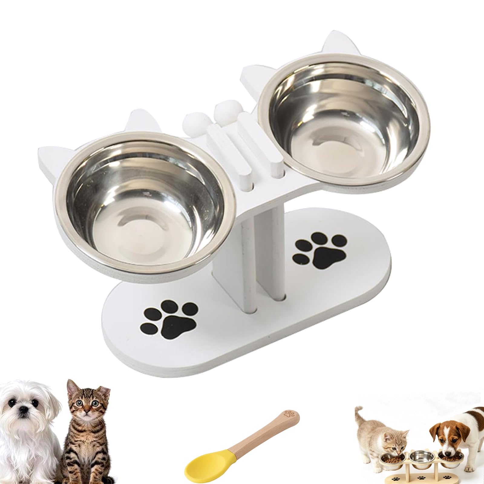 Antislip Elevated 3 Bowl Pet Feeder, Cat Bowls With Stand Tilted,Stainless Steel Raised Cat Bowl, 3-In-1 Food And Water Bowl Set for Cats, Puppy And Small Dog (White (two bowls))