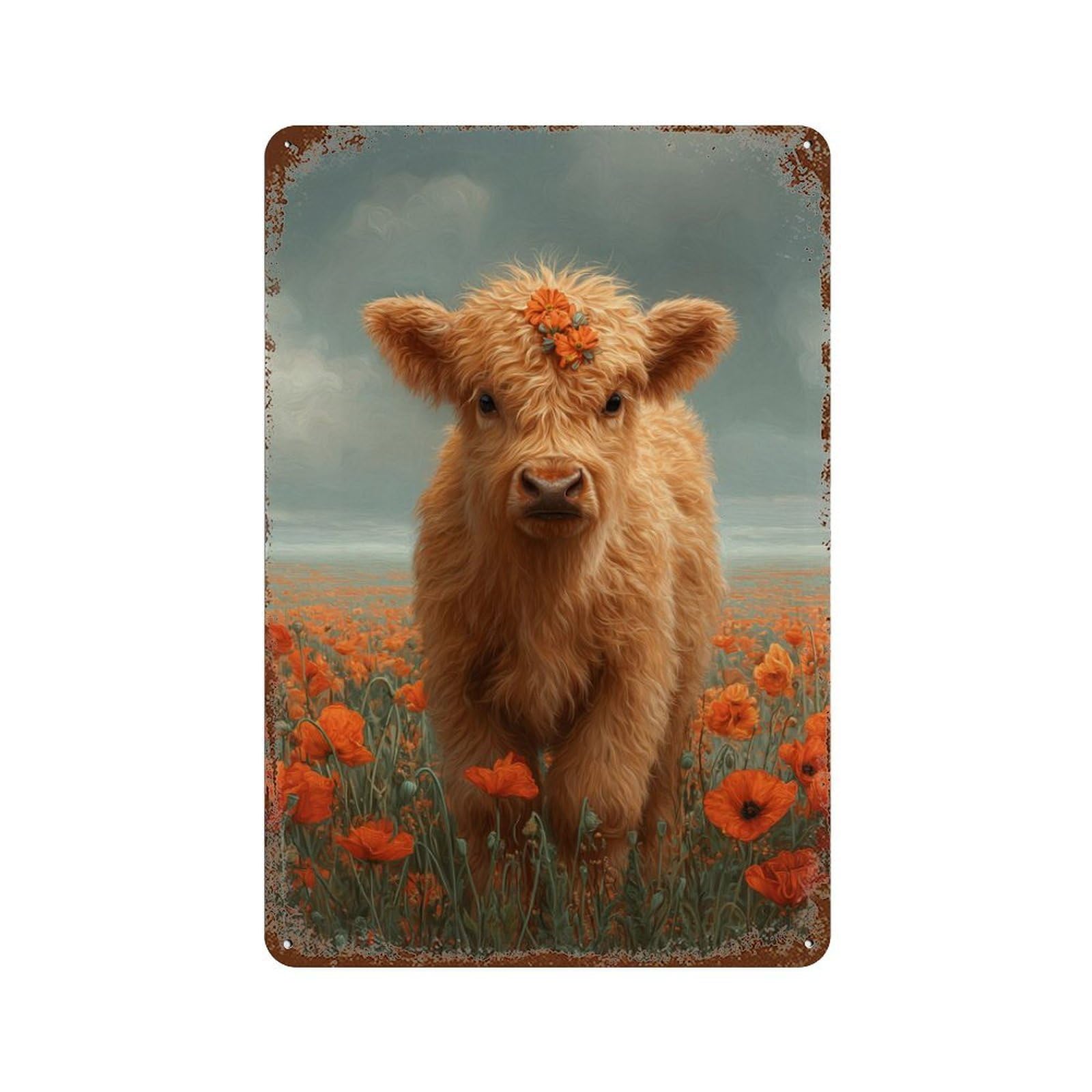 Floral Cow in Field Weathered Tin Sign 11.8"x7.9", for Basement, Hobby Room And Garage Decor, Rustic Home Decor