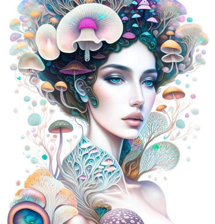 Toile femme aux champignons colorés grand format pour masquer mur vide