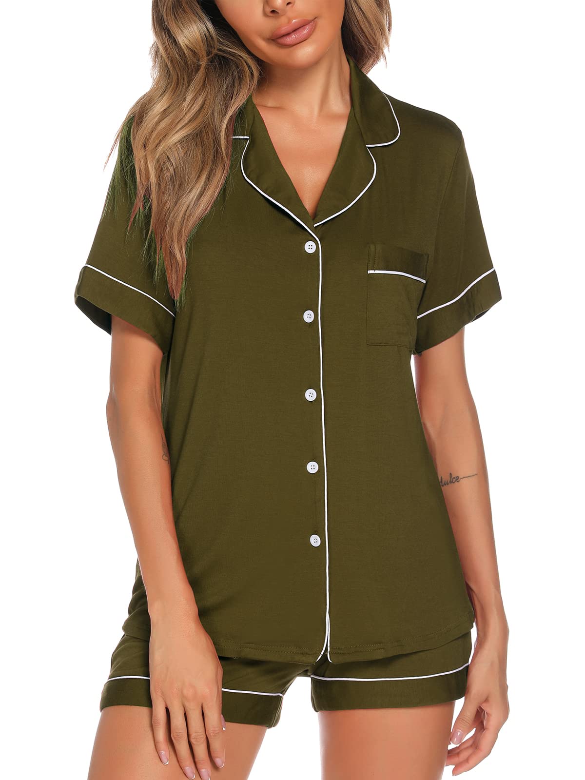 Aamikast Button Up Pajama Set for Women Shorts Short Sleeve Knit Sleepwear 2 Pice Pjs Sets