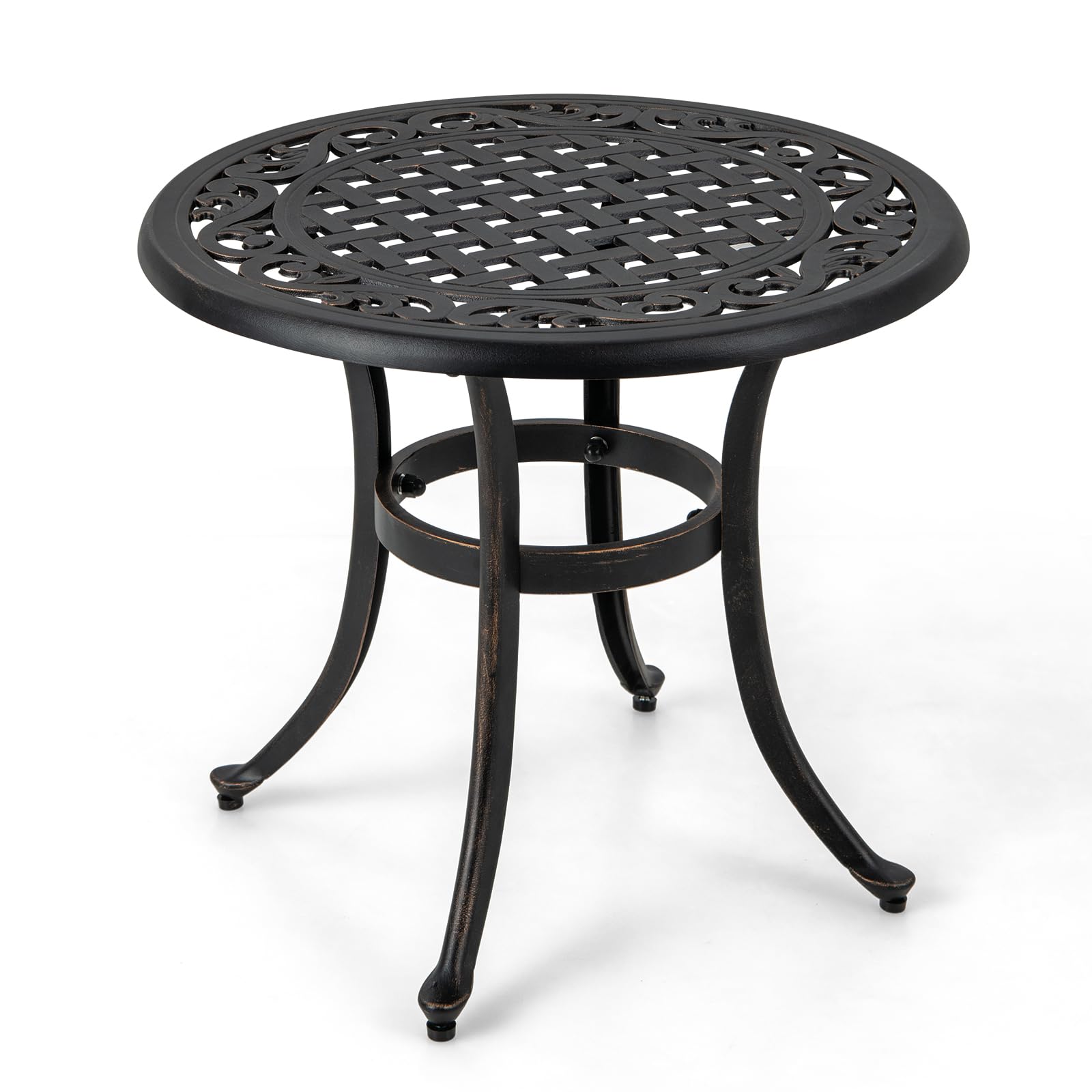 COSTWAY Mesa Jardin Exterior, 60 x 53 cm, Mesa Auxiliar Redonda, Aluminio Fundido, Almohadillas Ajustables, Mesa de Café Jardin Balcón Terraza, Carga 50kg (marrón)