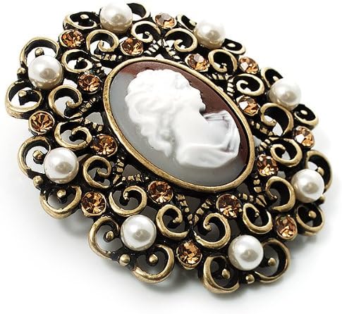 Imitation Pearl Filigree Cameo Brooch (Bronze Tone), white / ivory, brown, copper, orange, bronze - Image 4