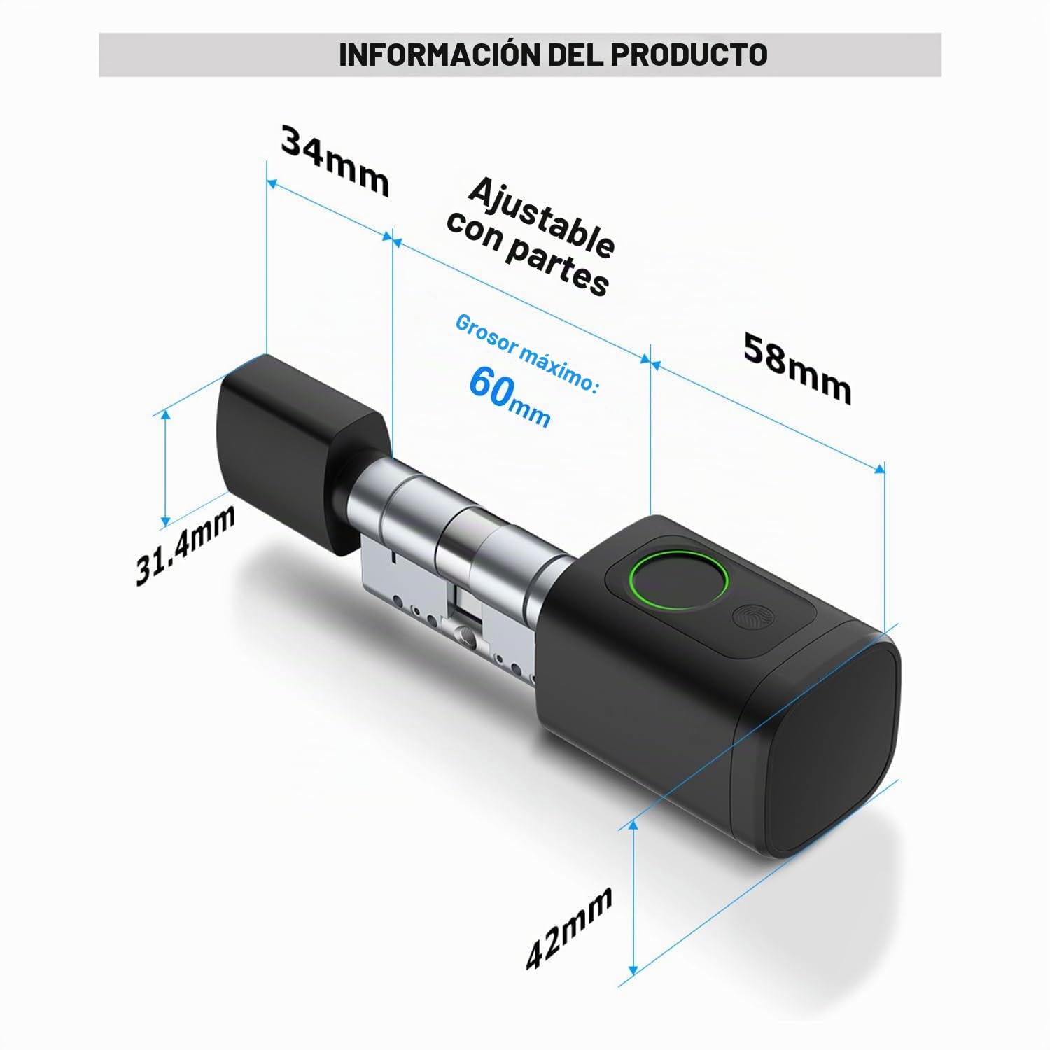 Cerradura Con Huella Dactilar,Cilindro Biotech,Ip65,Con Dos Tarjetas,Dos Juegos De Llaves,Con Bluetooth,Apto Para Puertas De 35-60mm Cerradura Inteligente Puerta Exteriorelectronica(Negro)