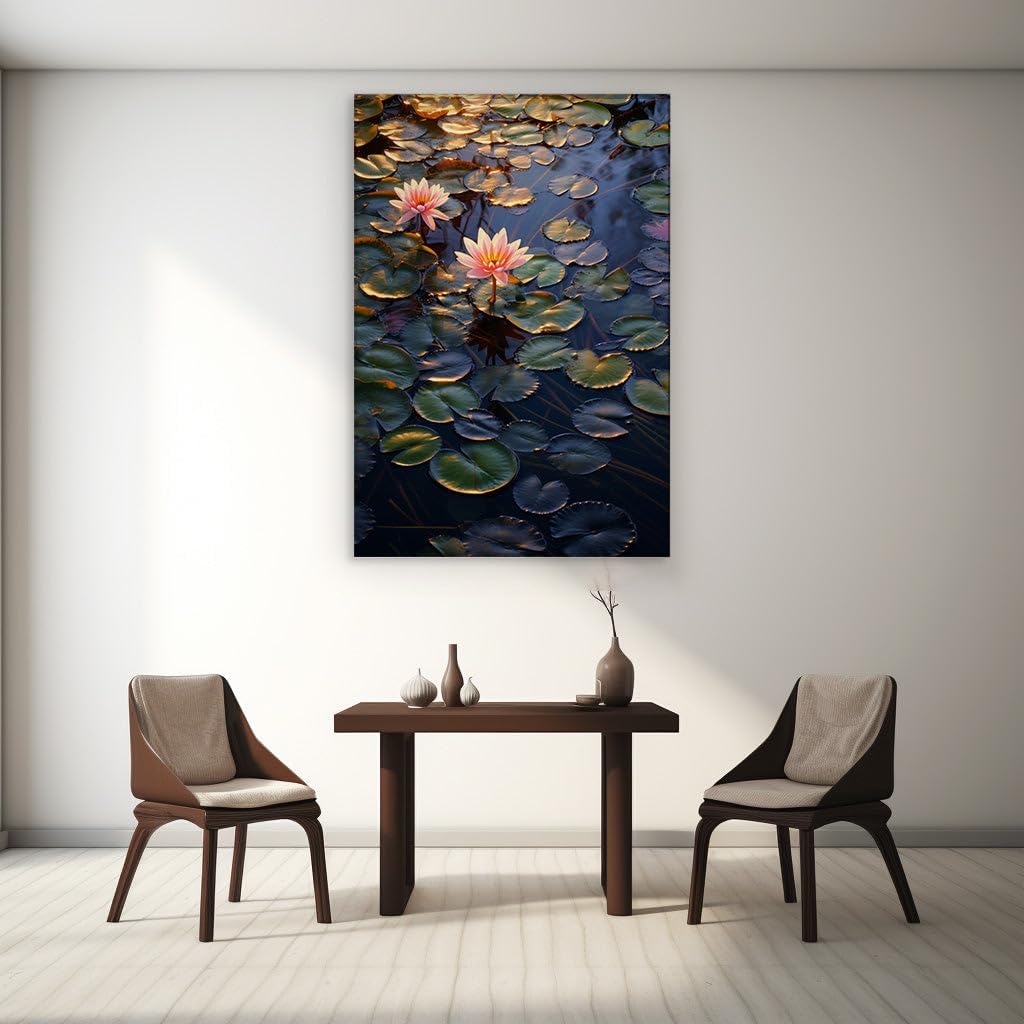 Canvas for Living room. Tranquility Unfolded: Pink Blossoms on the Serene Pond Waters, 27 x 18 inch Canvas Wall Art - Contemporary Masterpieces - Zen Wall Decor - 69x46 cm (27x18 inch)