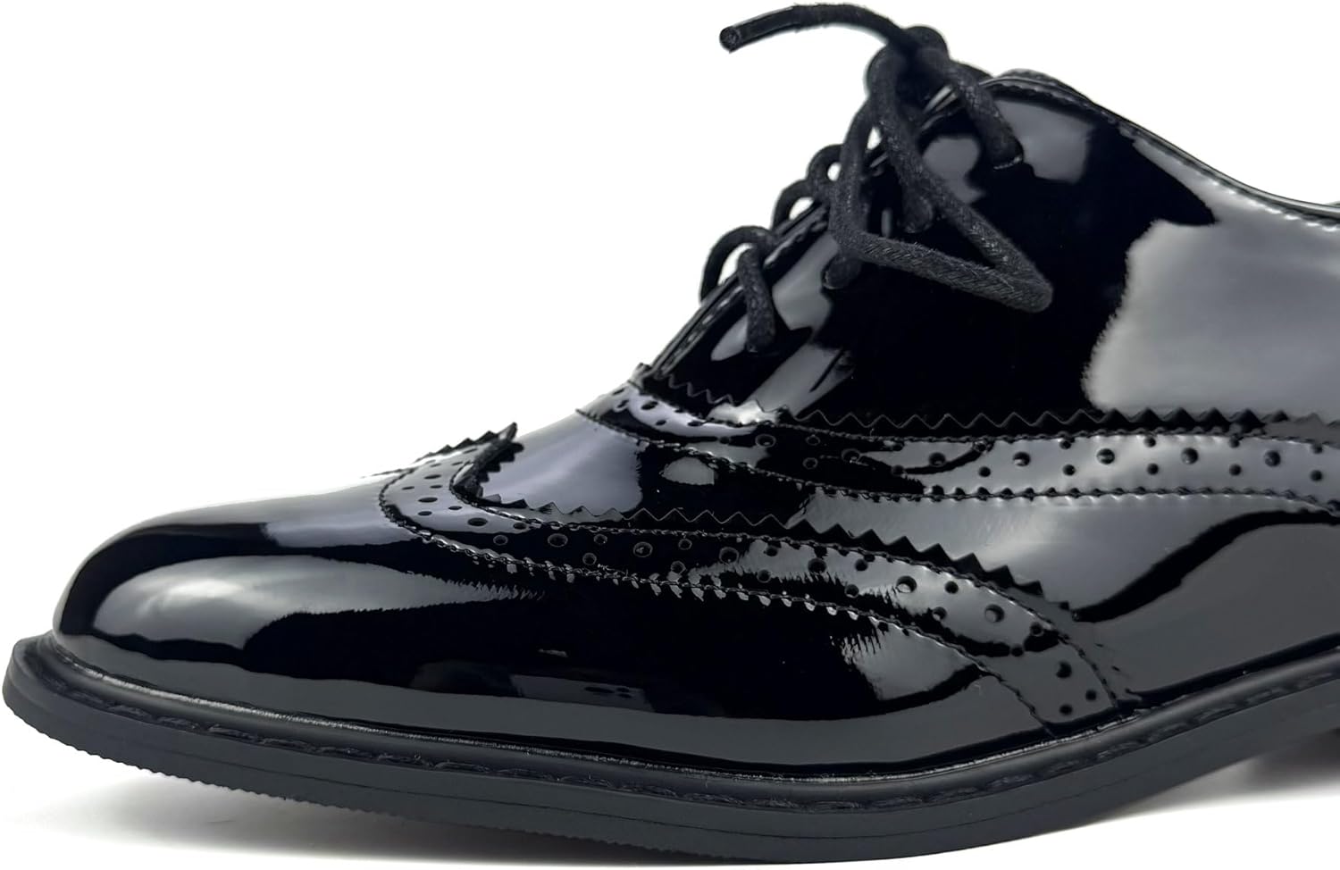 Womens Oxfords Black and White Wingtip Chunky Heeled Patent Leather Vintage Brogue Lace Up Two Tone Saddle Shoes - Image 9