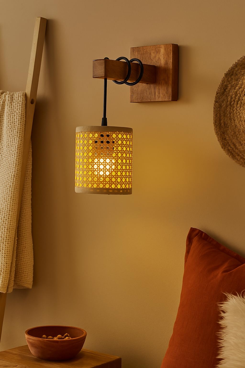 AKWAY Rattan Wall Lamps for Living Room | Bamboo Wall Lights for Bedroom | Cane Wall scones for Home Decoration (Bulb Not Included) (Rattan Eye Webbing Hang)-image-20