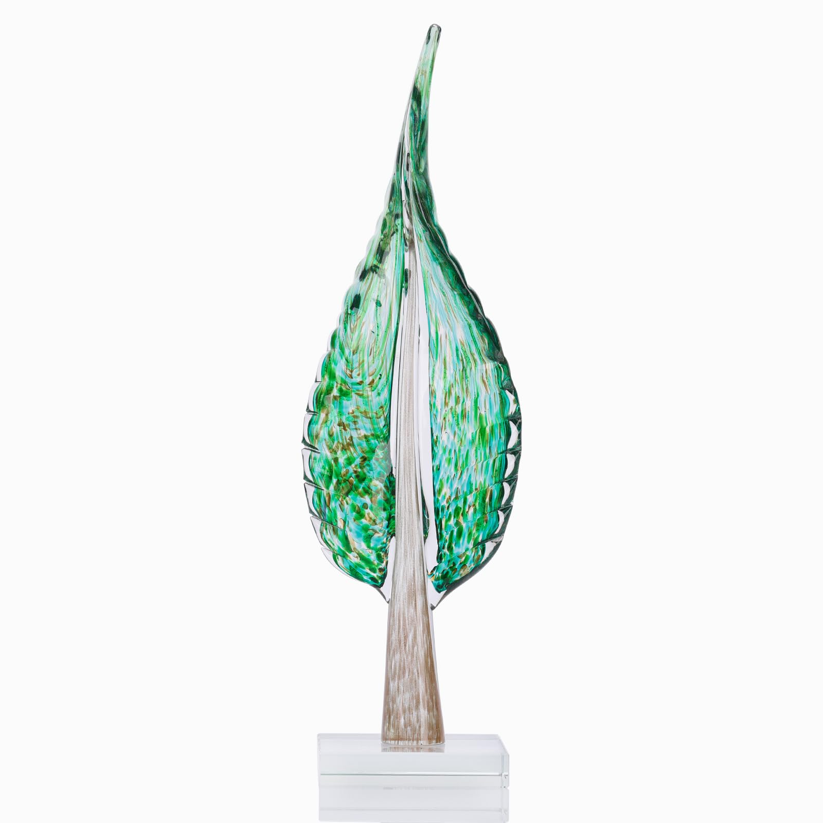 DOVDOV Hand Blown Glass Art Statue, Green Glass Home Decor, Abstract Green Large Glass Leaf Statue for Office Desk Living Room Coffee TV Cabinet entryway Entrance Table Decorations
