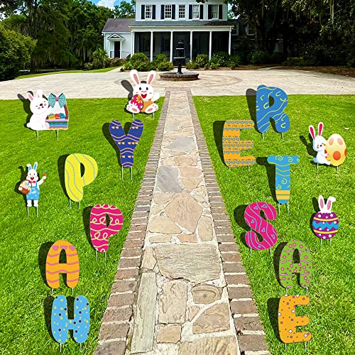 16Pcs Easter Yard Signs Outdoor Decoration "Happy Easter" Letter Yard Signs And 5 Bunnies Easter Egg Yard Signs With 32 Stakes Party Prop Supplies Lawn Decor Garden Sign For Hunt Game #TOP4