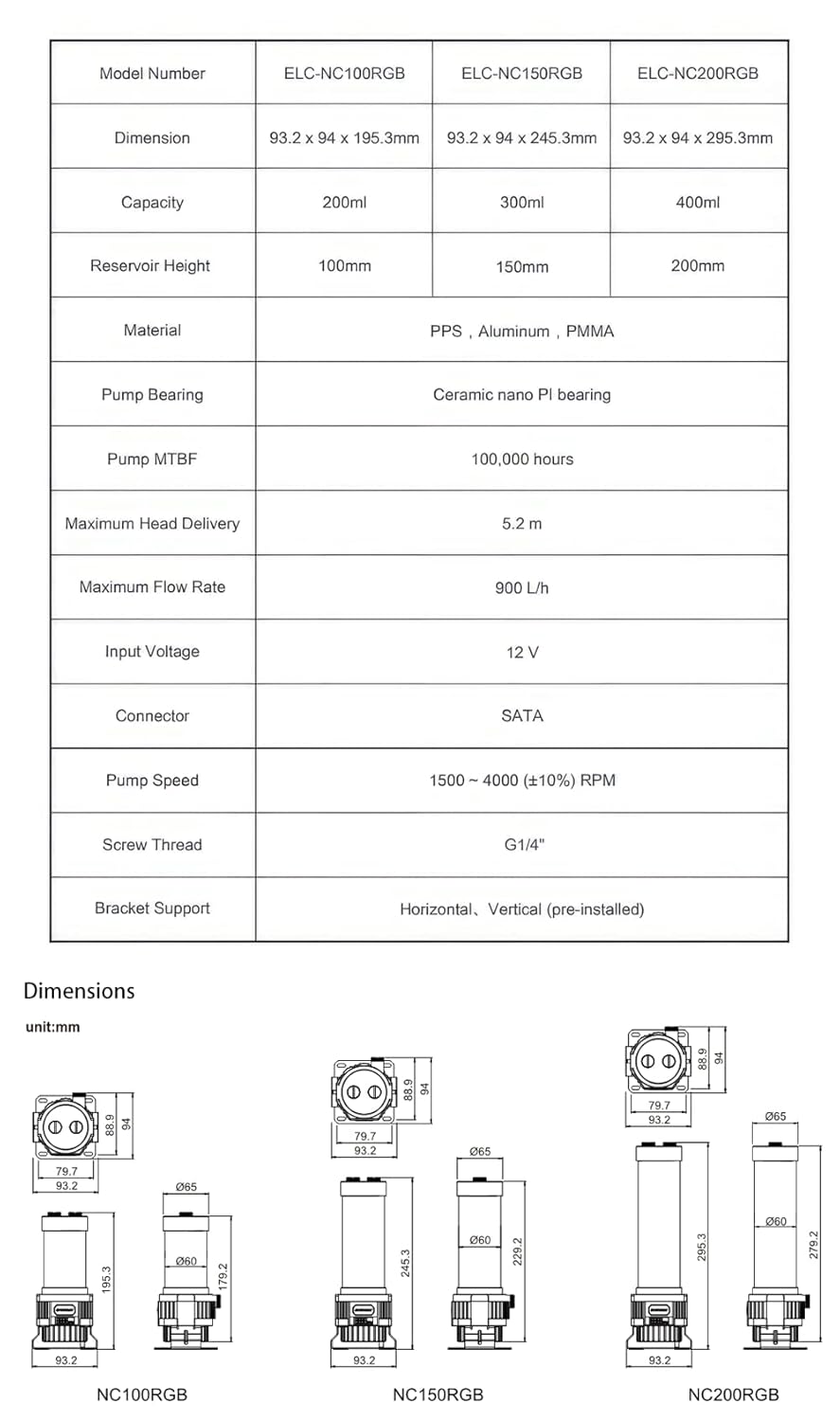 PC Water Pump/Reservoir Combo，visual pump speed screen, pump speed and RGB can be adjusted by remote control，ELC-NC200RGB (400ML)